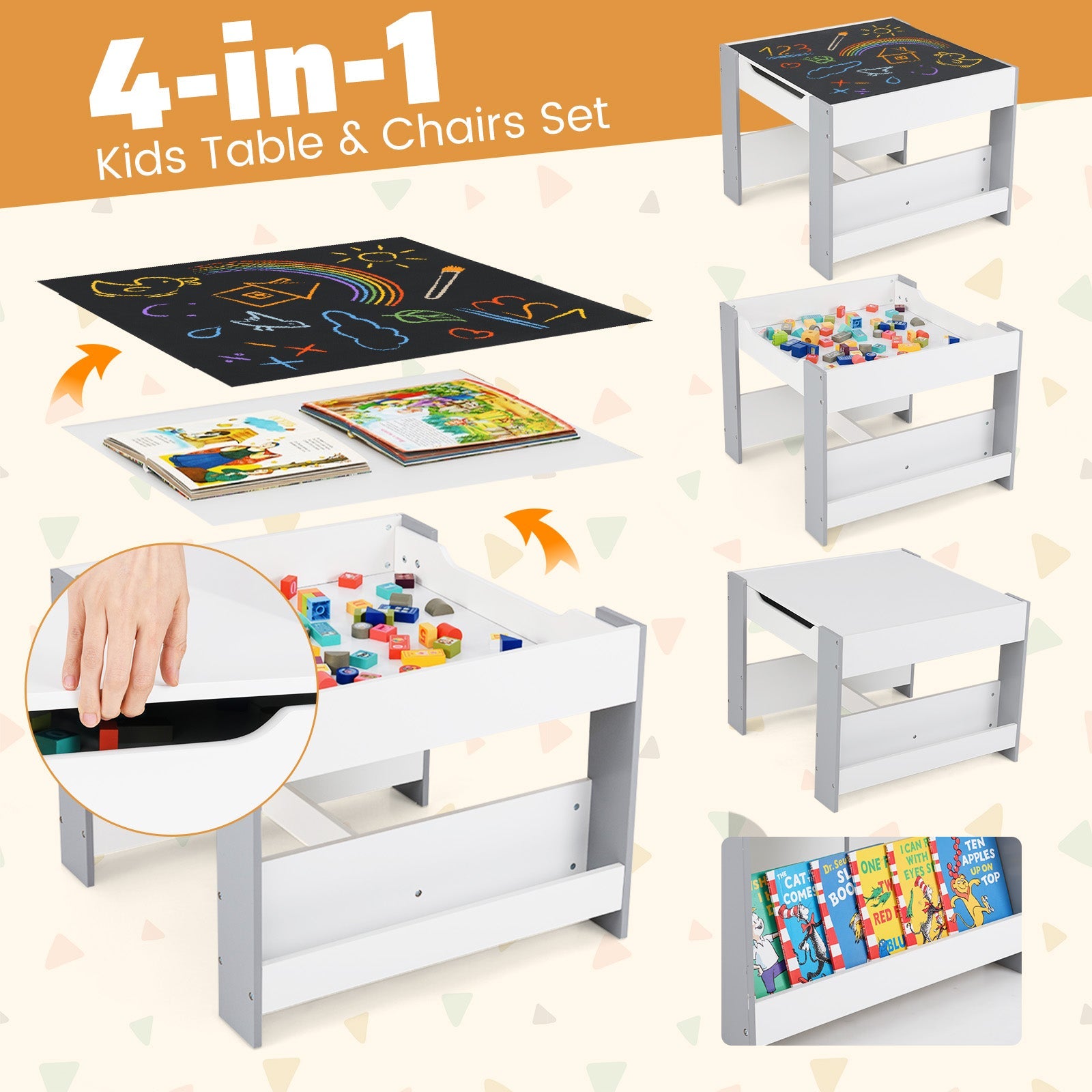 4 in 1 Kids Toddler Activity Table and Chairs Set with Reversible Tabletop