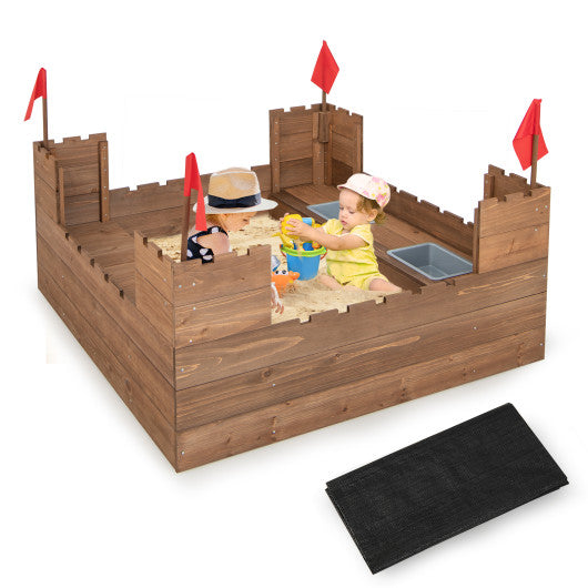 Kids Wooden Sandbox with Bottom Liner and Red Flags - BIG FRENCHIES