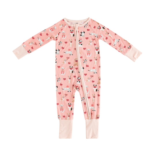 Pups & Kisses (Convertible Zip Footies) - Pink - BIG FRENCHIES