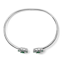 Sterling Silver White Topaz and Green Emerald Floral Bangle Bracelet 6.5 Inch