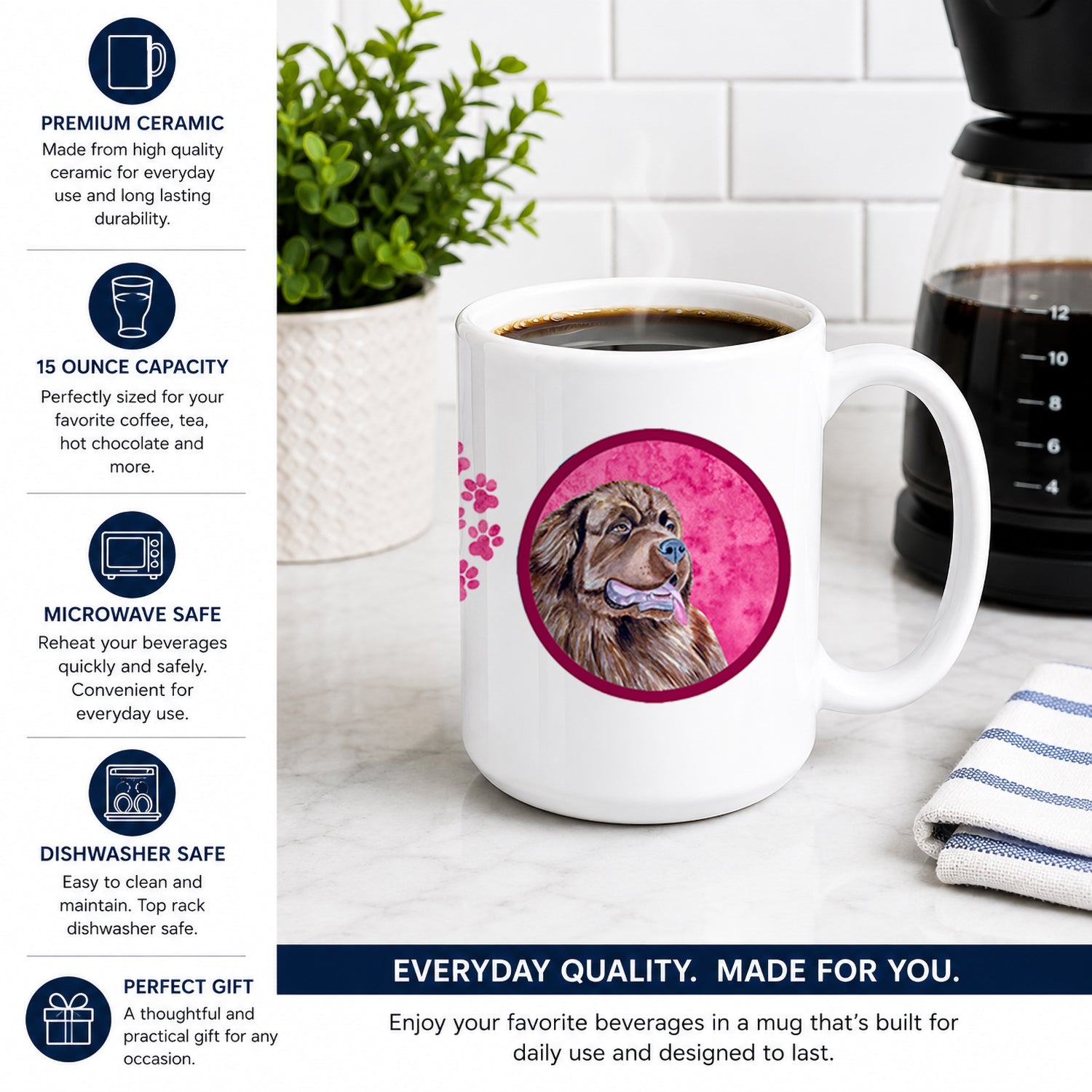Pink Newfoundland Ceramic Coffee Mug 15 oz Decorative Large C Handle Mug Cup for Tea, Cocoa Hot Chocolate