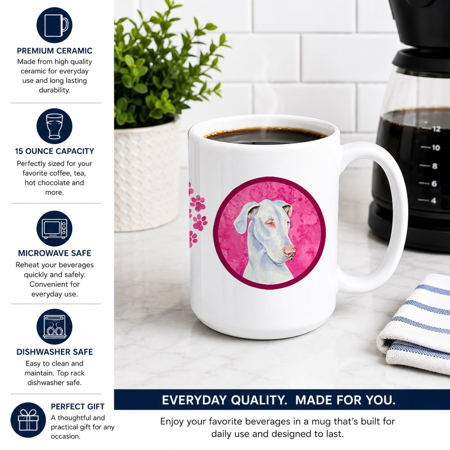 Pink Great Dane Ceramic Coffee Mug 15 oz Decorative Large C Handle Mug Cup for Tea, Cocoa Hot Chocolate
