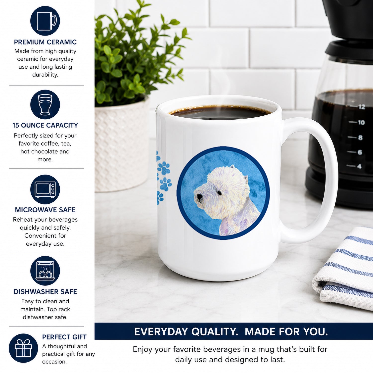Blue Westie Ceramic Coffee Mug 15 oz Decorative Large C Handle Mug Cup for Tea, Cocoa Hot Chocolate