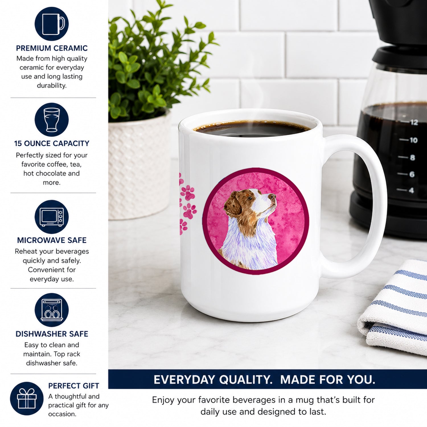 Pink Australian Shepherd Ceramic Coffee Mug 15 oz Decorative Large C Handle Mug Cup for Tea, Cocoa Hot Chocolate