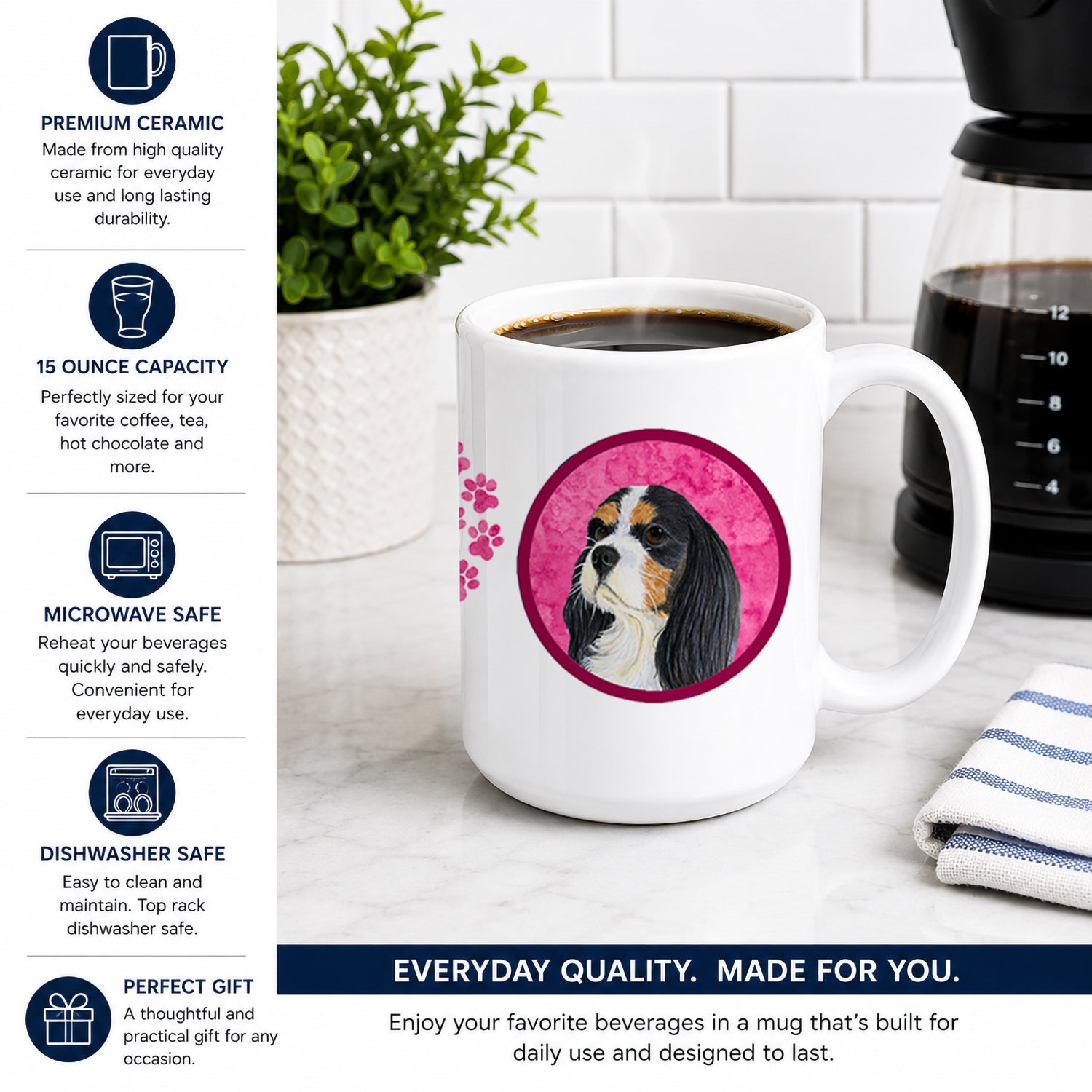 Pink Cavalier Spaniel Ceramic Coffee Mug 15 oz Decorative Large C Handle Mug Cup for Tea, Cocoa Hot Chocolate
