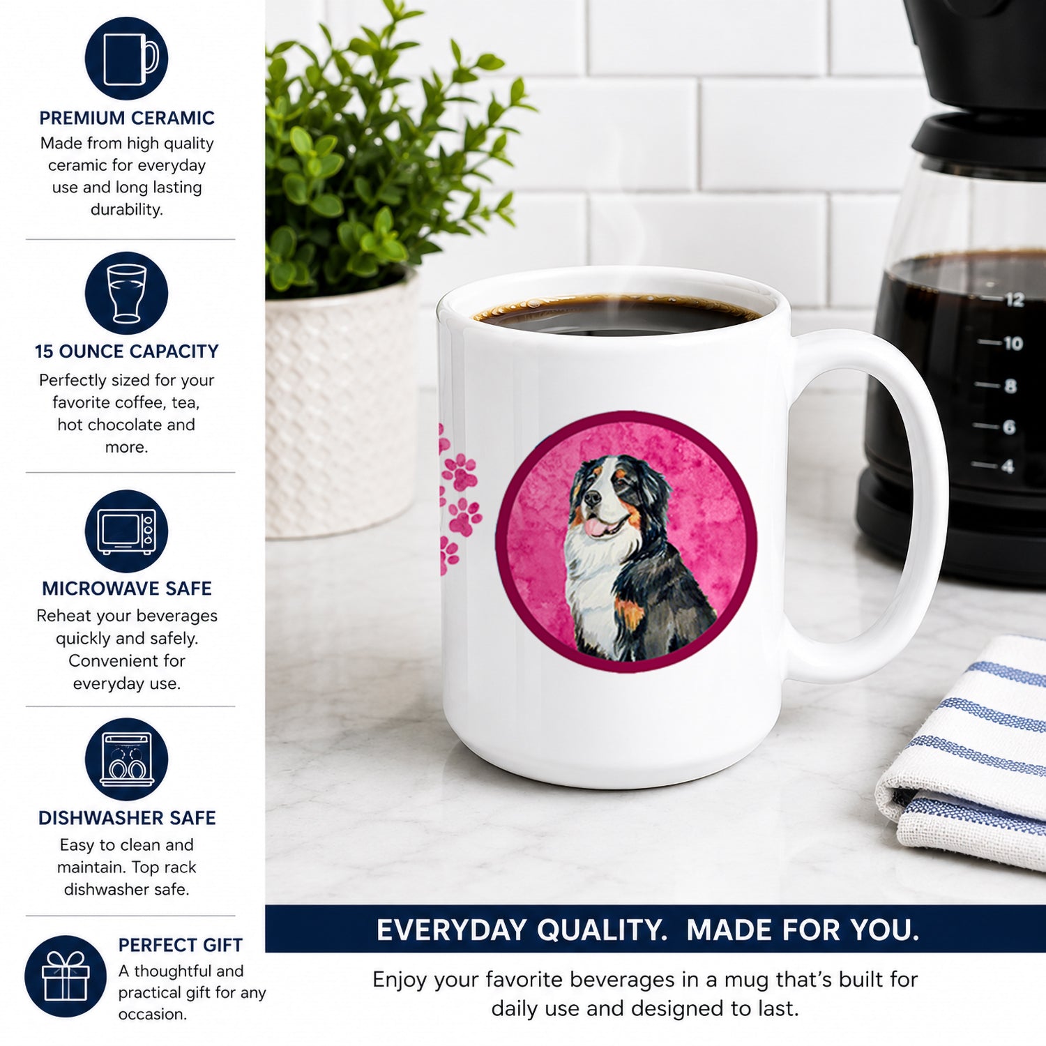 Pink Bernese Mountain Dog Ceramic Coffee Mug 15 oz Decorative Large C Handle Mug Cup for Tea, Cocoa Hot Chocolate