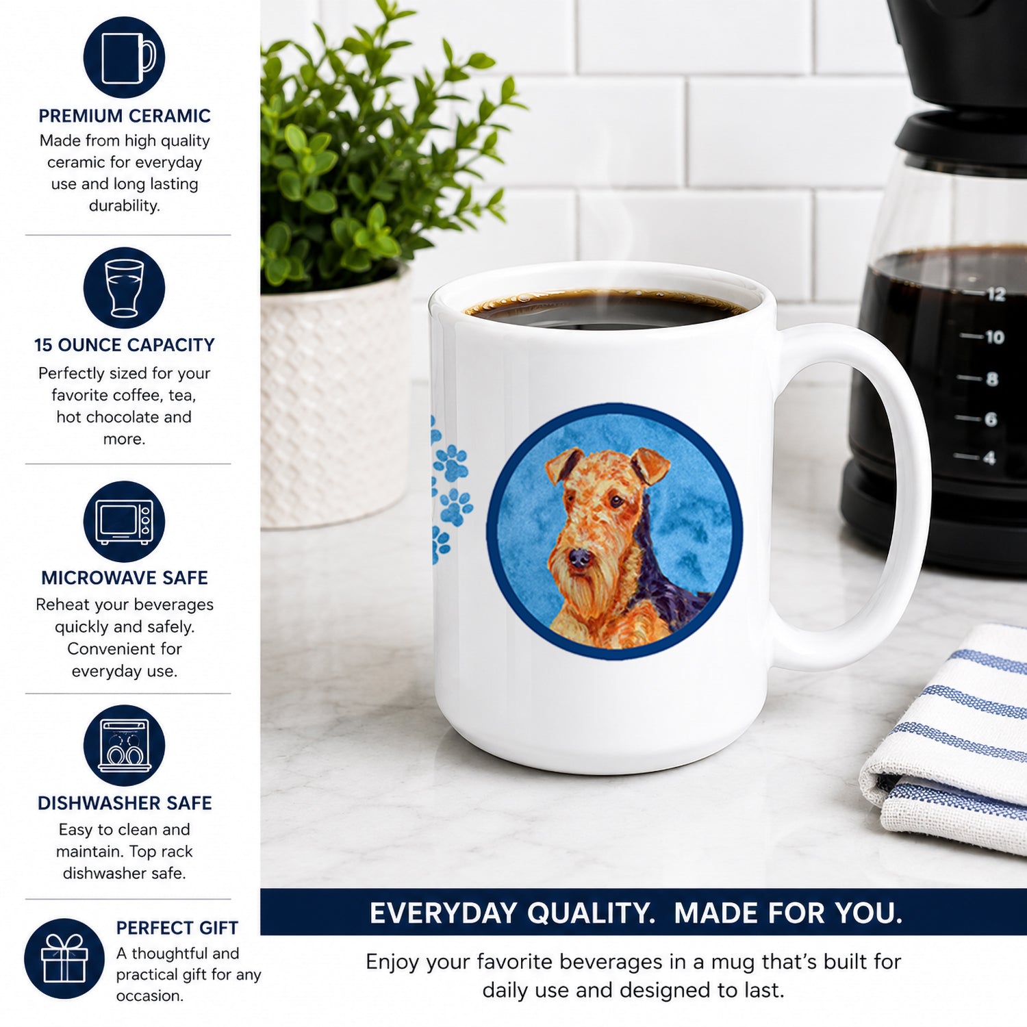 Blue Airedale Ceramic Coffee Mug 15 oz Decorative Large C Handle Mug Cup for Tea, Cocoa Hot Chocolate