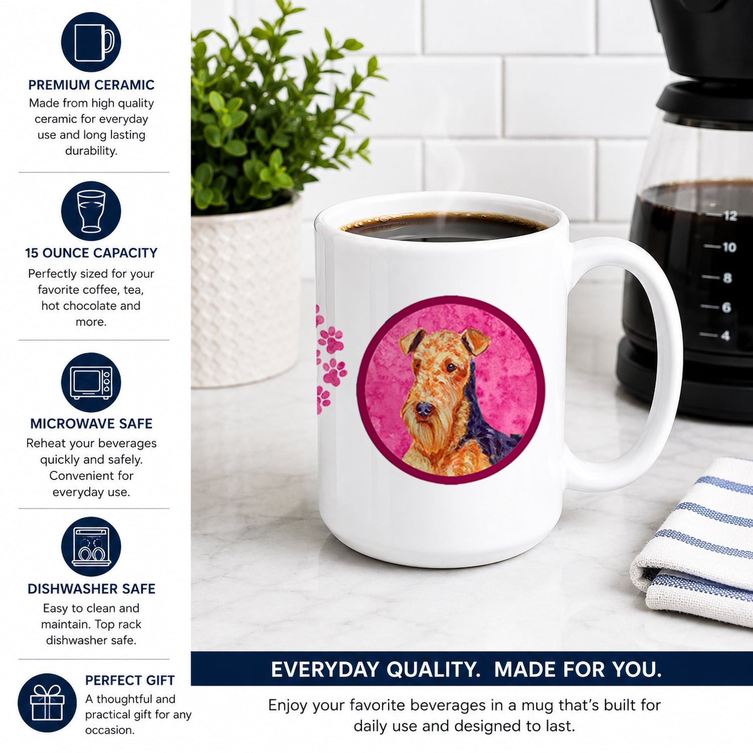 Pink Airedale Ceramic Coffee Mug 15 oz Decorative Large C Handle Mug Cup for Tea, Cocoa Hot Chocolate