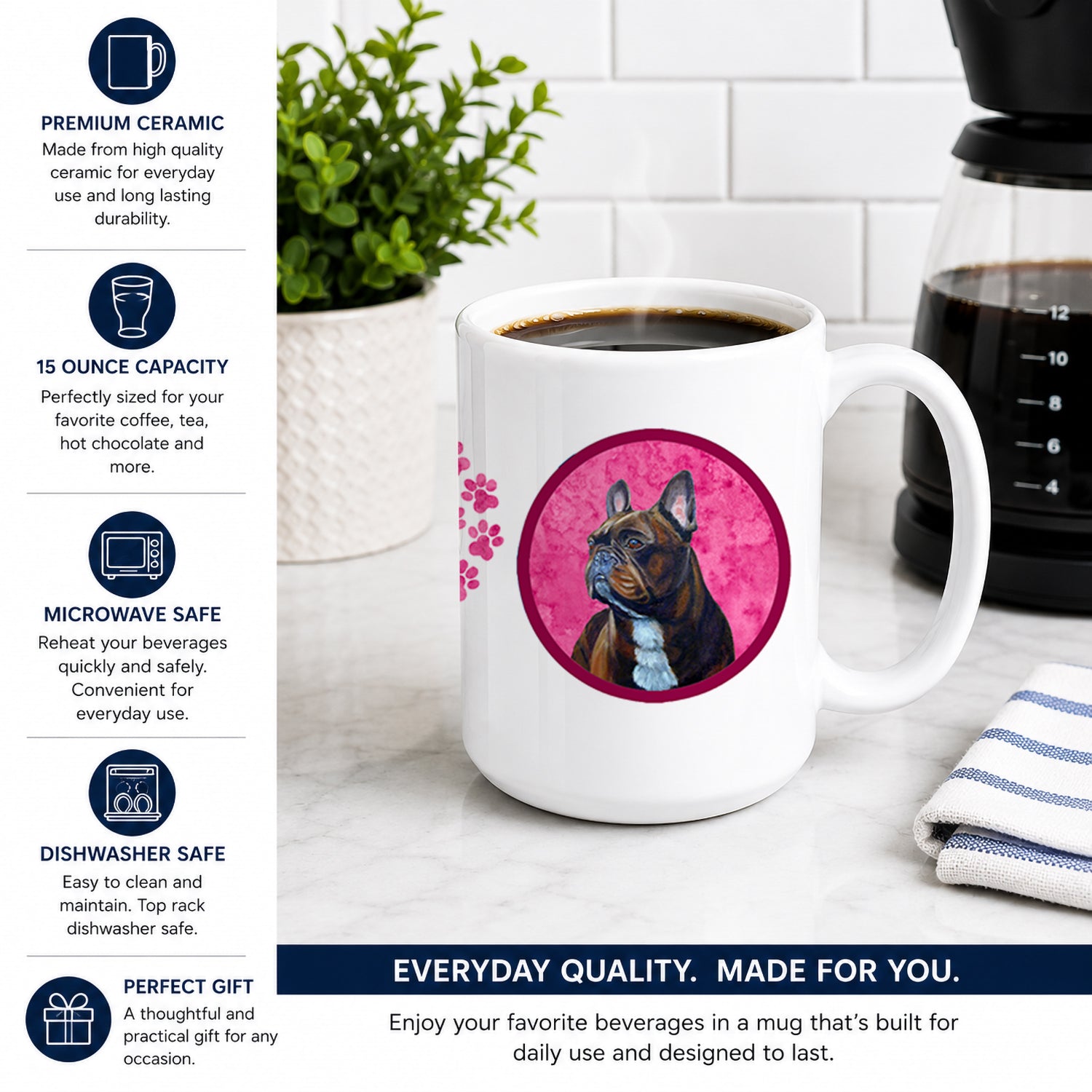 Pink French Bulldog Ceramic Coffee Mug 15 oz Decorative Large C Handle Mug Cup for Tea, Cocoa Hot Chocolate