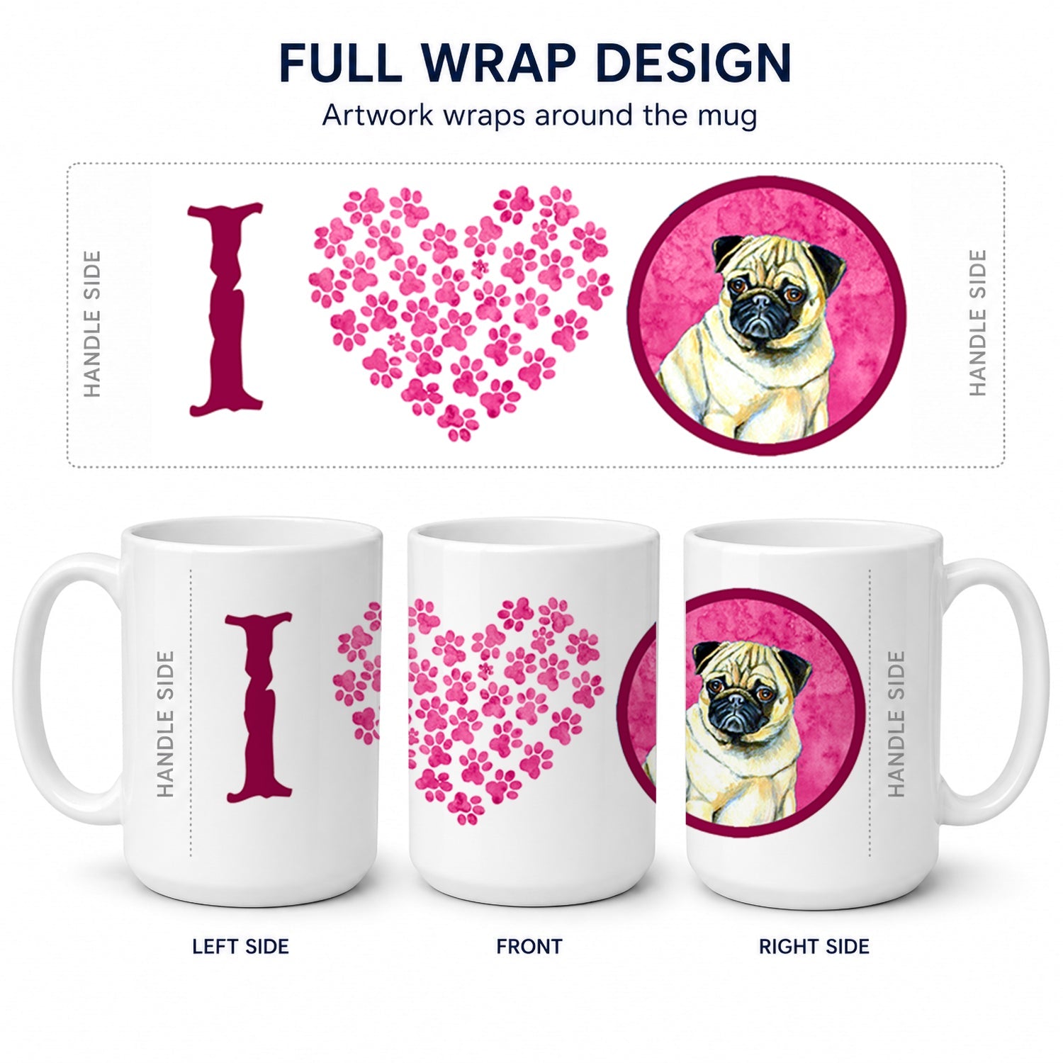 Pink Pug Ceramic Coffee Mug 15 oz Decorative Large C Handle Mug Cup for Tea, Cocoa Hot Chocolate