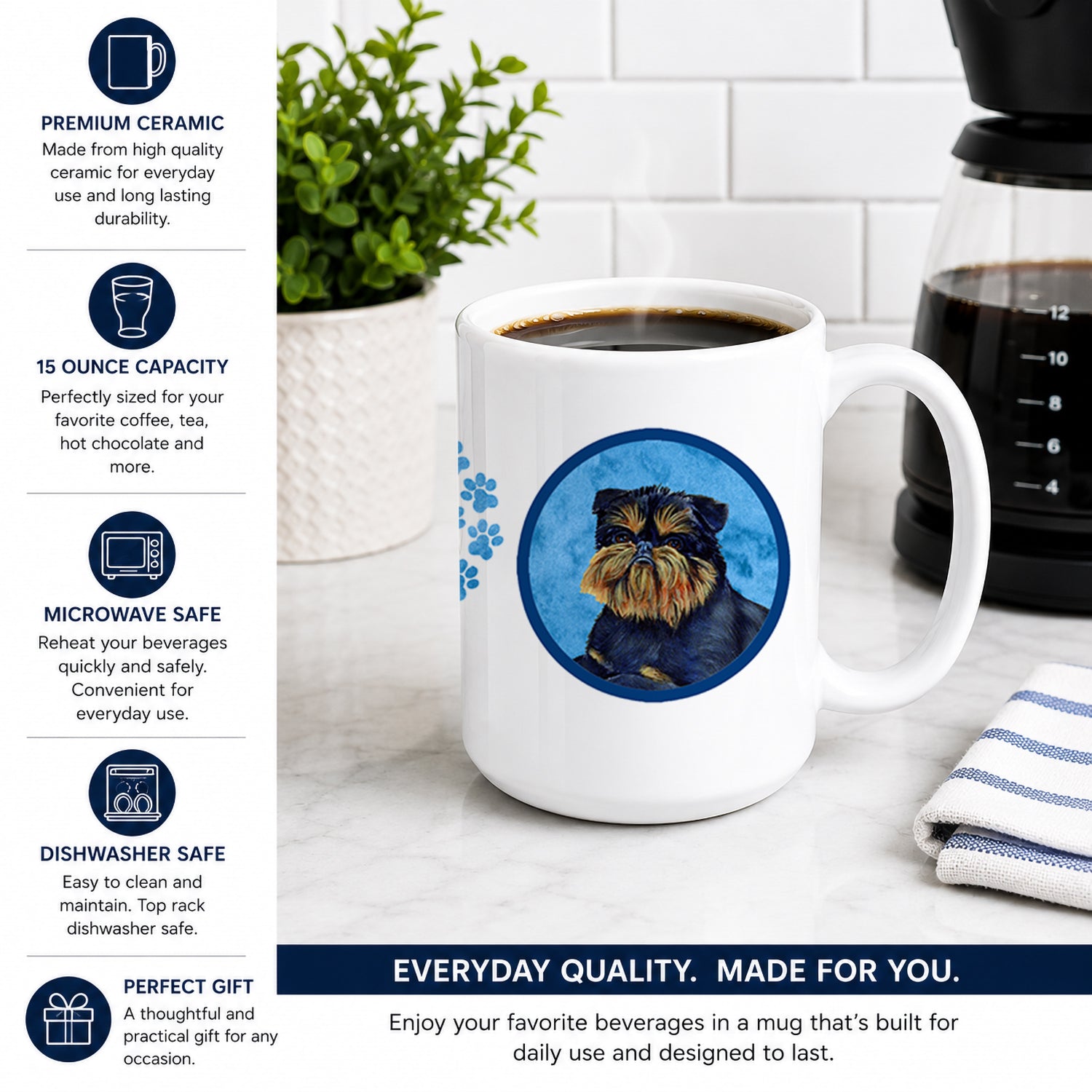 Blue Brussels Griffon Ceramic Coffee Mug 15 oz Decorative Large C Handle Mug Cup for Tea, Cocoa Hot Chocolate