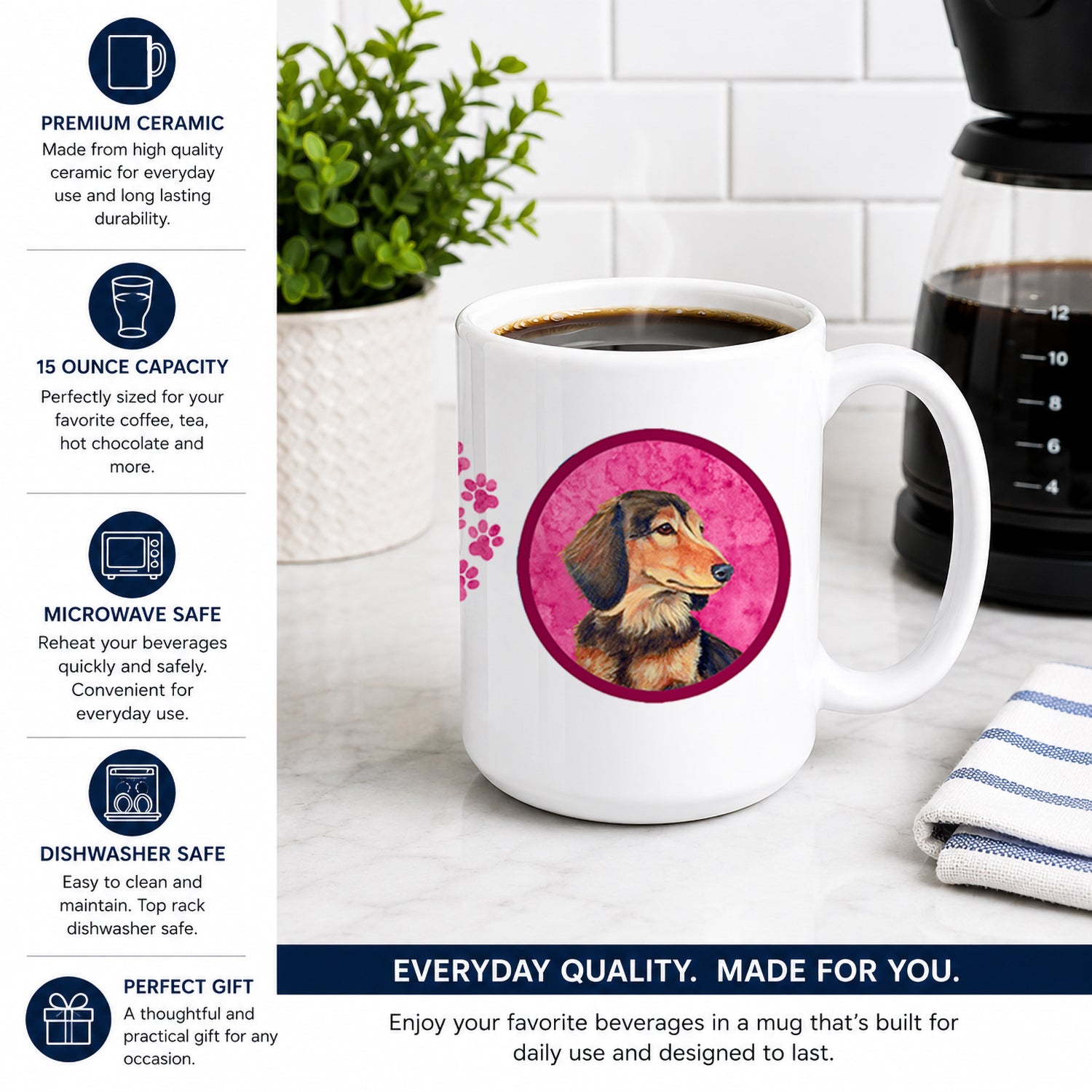 Pink Dachshund Ceramic Coffee Mug 15 oz Decorative Large C Handle Mug Cup for Tea, Cocoa Hot Chocolate
