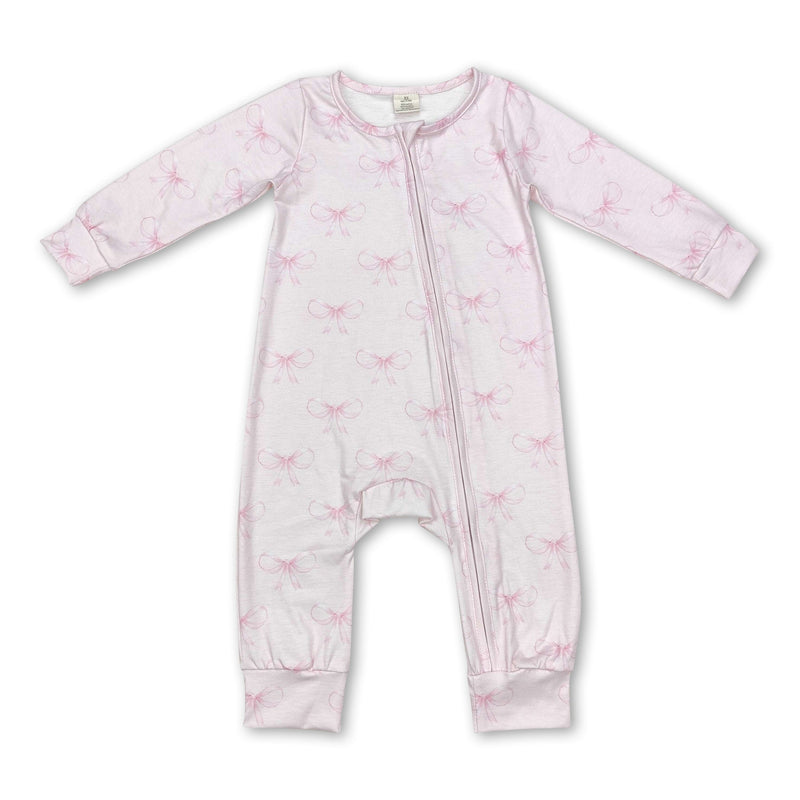 Pink bow long sleeves baby girls zipper sleeper - BIG FRENCHIES