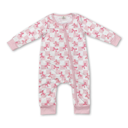 Long sleeves pink plaid bow baby girls zipper sleeper - BIG FRENCHIES