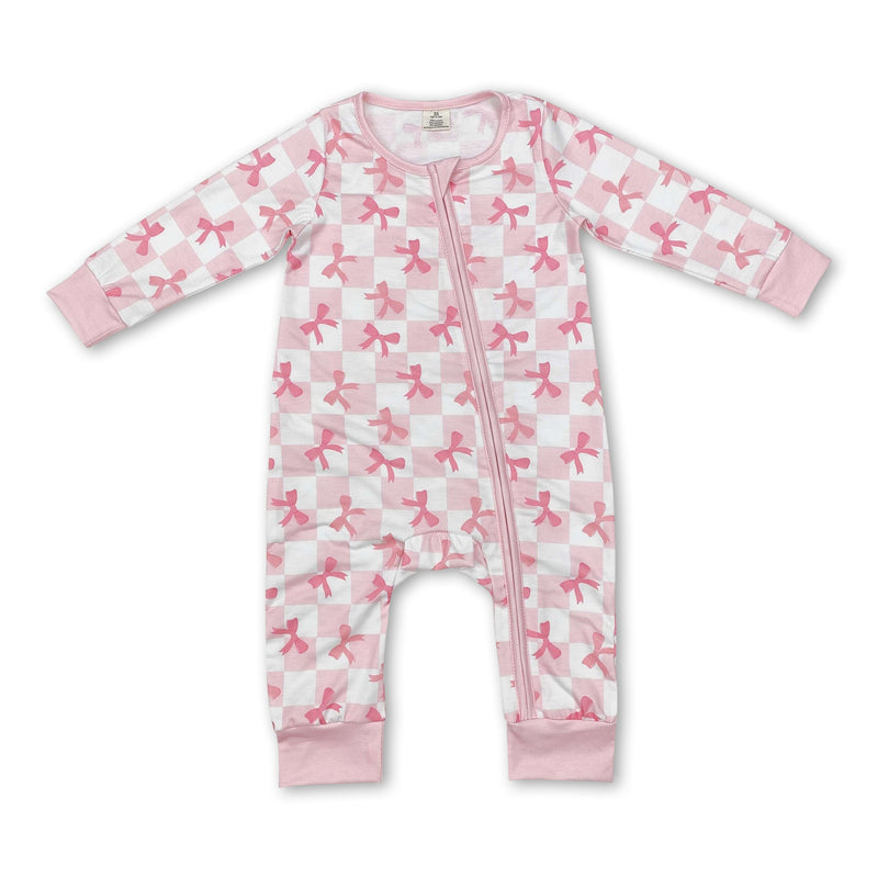 Long sleeves pink plaid bow baby girls zipper sleeper - BIG FRENCHIES