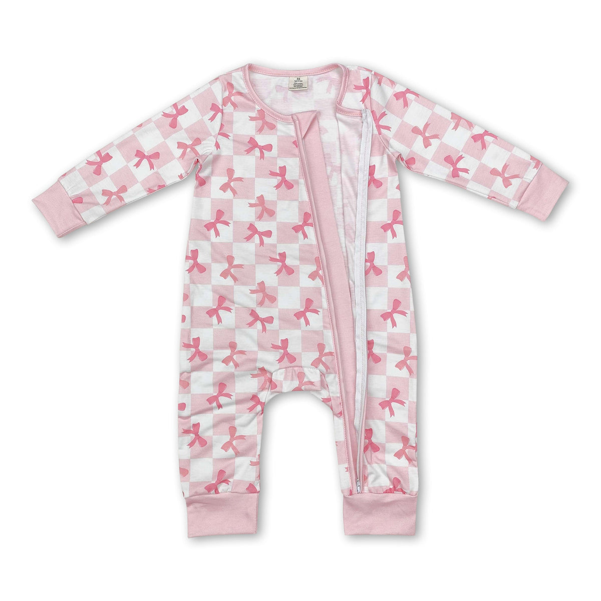 Long sleeves pink plaid bow baby girls zipper sleeper - BIG FRENCHIES