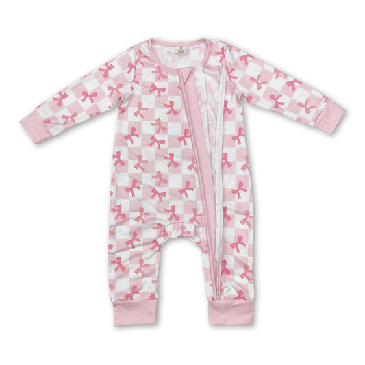 Long sleeves pink plaid bow baby girls zipper sleeper - BIG FRENCHIES