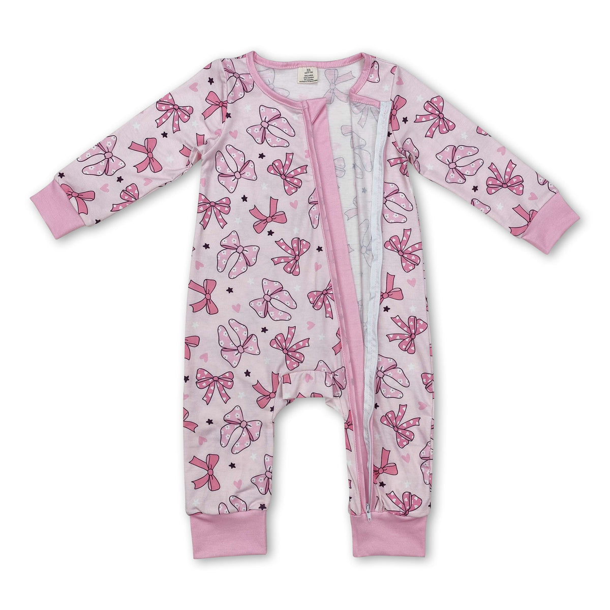 Long sleeves pink bow heart baby girls zipper sleeper - BIG FRENCHIES
