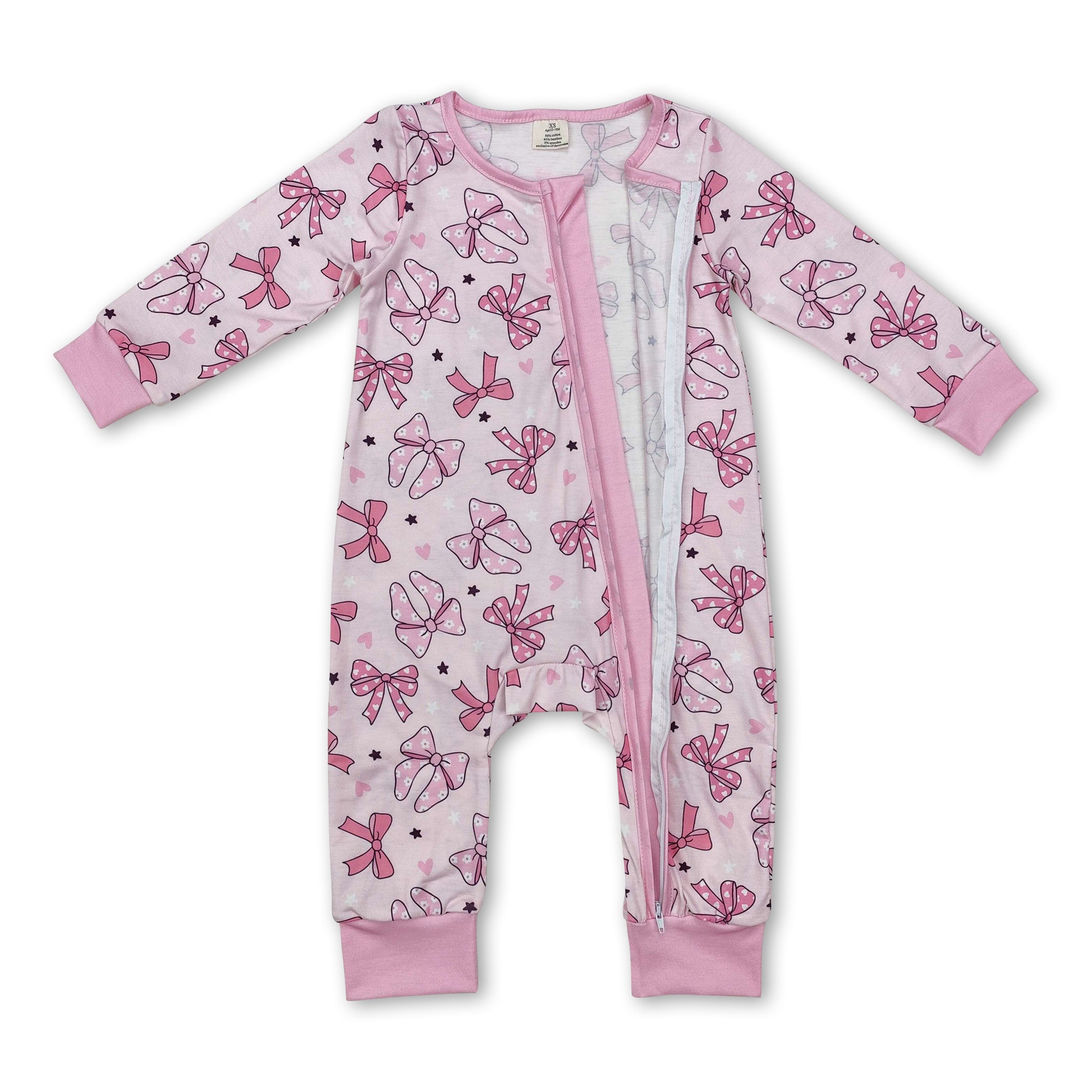 Long sleeves pink bow heart baby girls zipper sleeper - BIG FRENCHIES