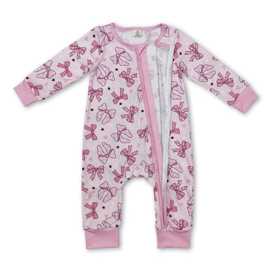 Long sleeves pink bow heart baby girls zipper sleeper - BIG FRENCHIES