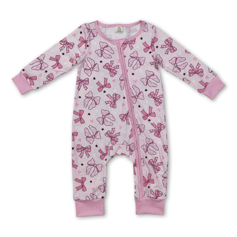 Long sleeves pink bow heart baby girls zipper sleeper - BIG FRENCHIES