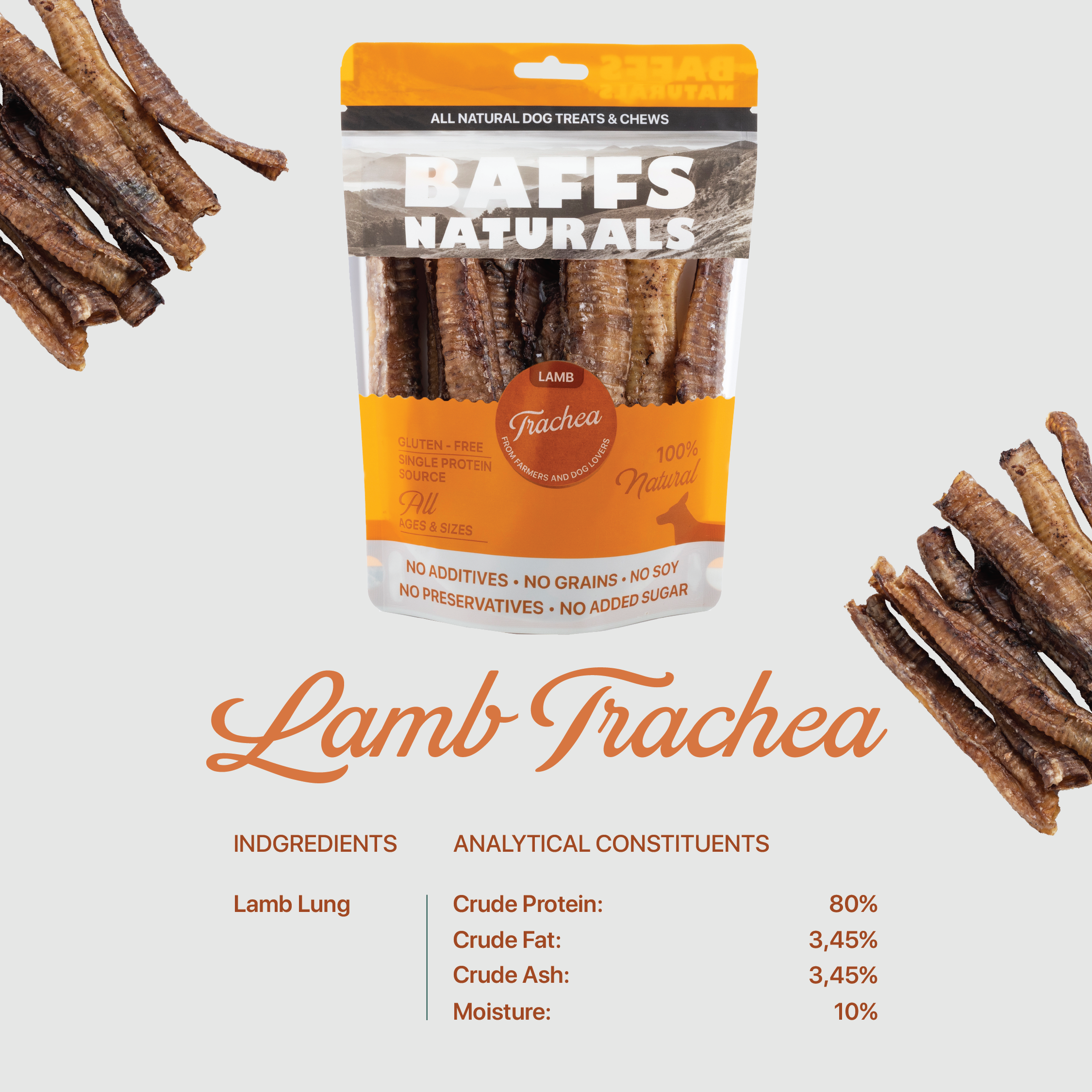 BAFFS NATURALS All-Natural Premium Lamb Trachea Dog Chews – 2 Pack (10 Chews Each) - BIG FRENCHIES