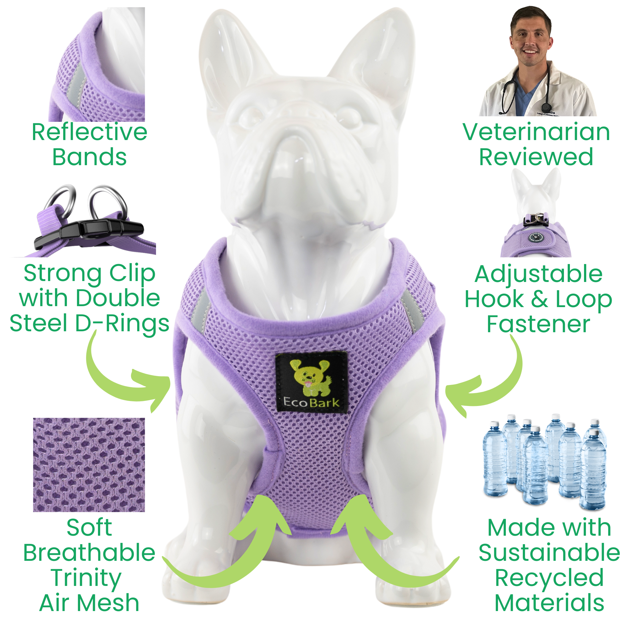 EcoBark Lavender Step In Dog Harness - Reflective Soft Mesh Harness for Teacup, Small Dogs and Puppies - BIG FRENCHIES