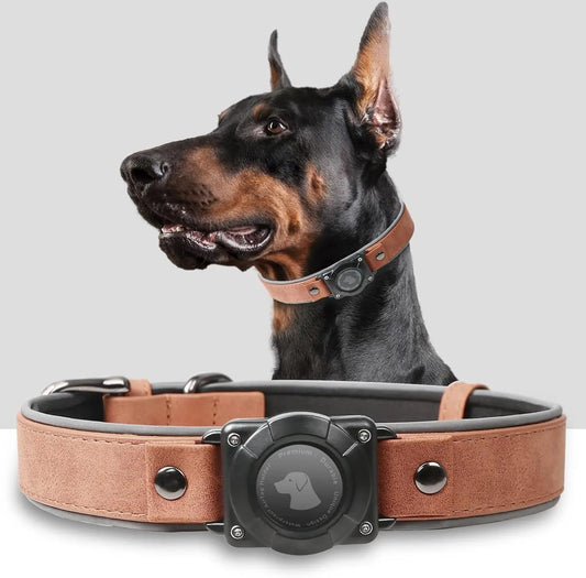 Leather AirTag Dog Collar with Built-In Holder, Reflective Adjustable Design - BIG FRENCHIES