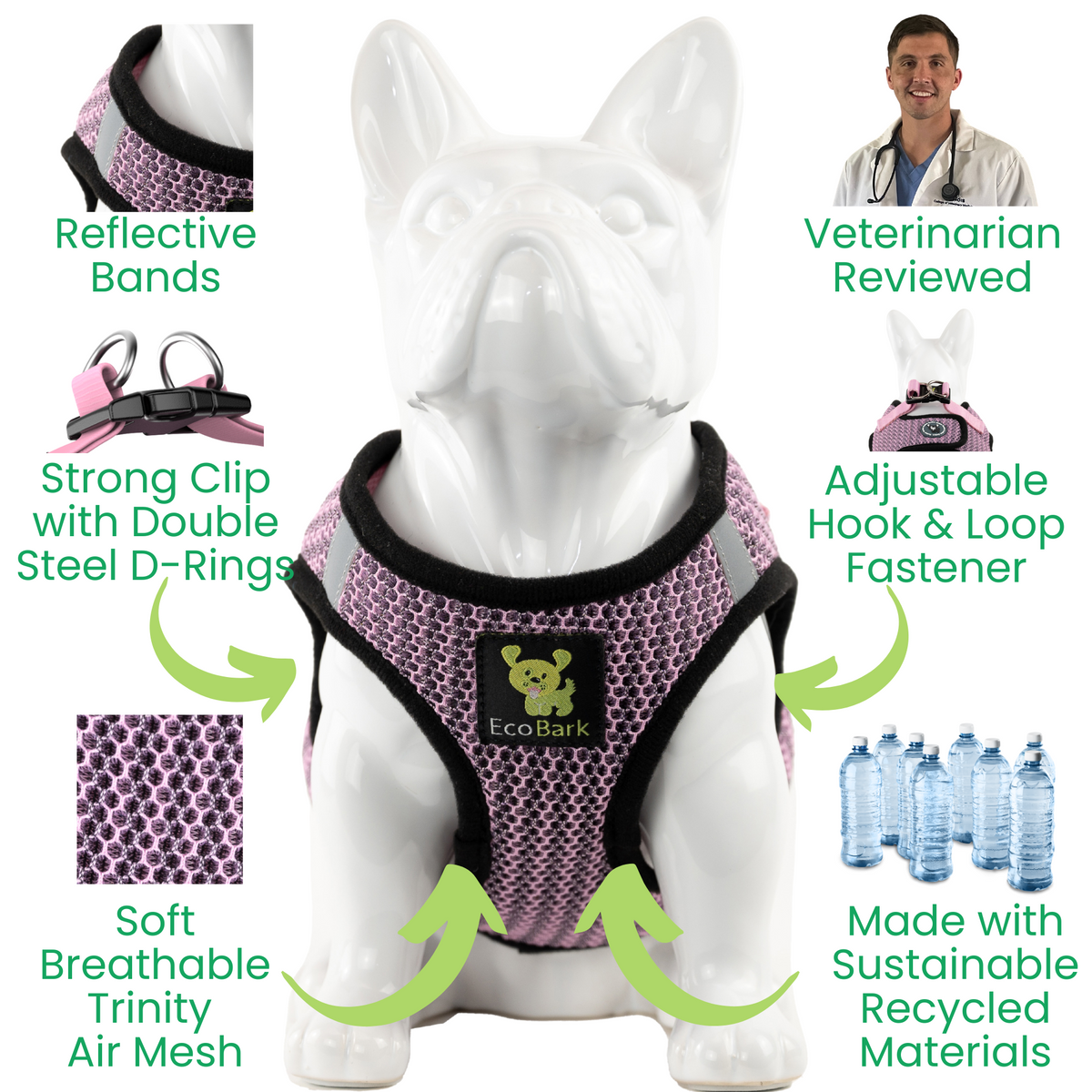 EcoBark Lilac Pink Step In Dog Harness - Reflective Soft Mesh Harness for Teacup, Small Dogs and Puppies - BIG FRENCHIES