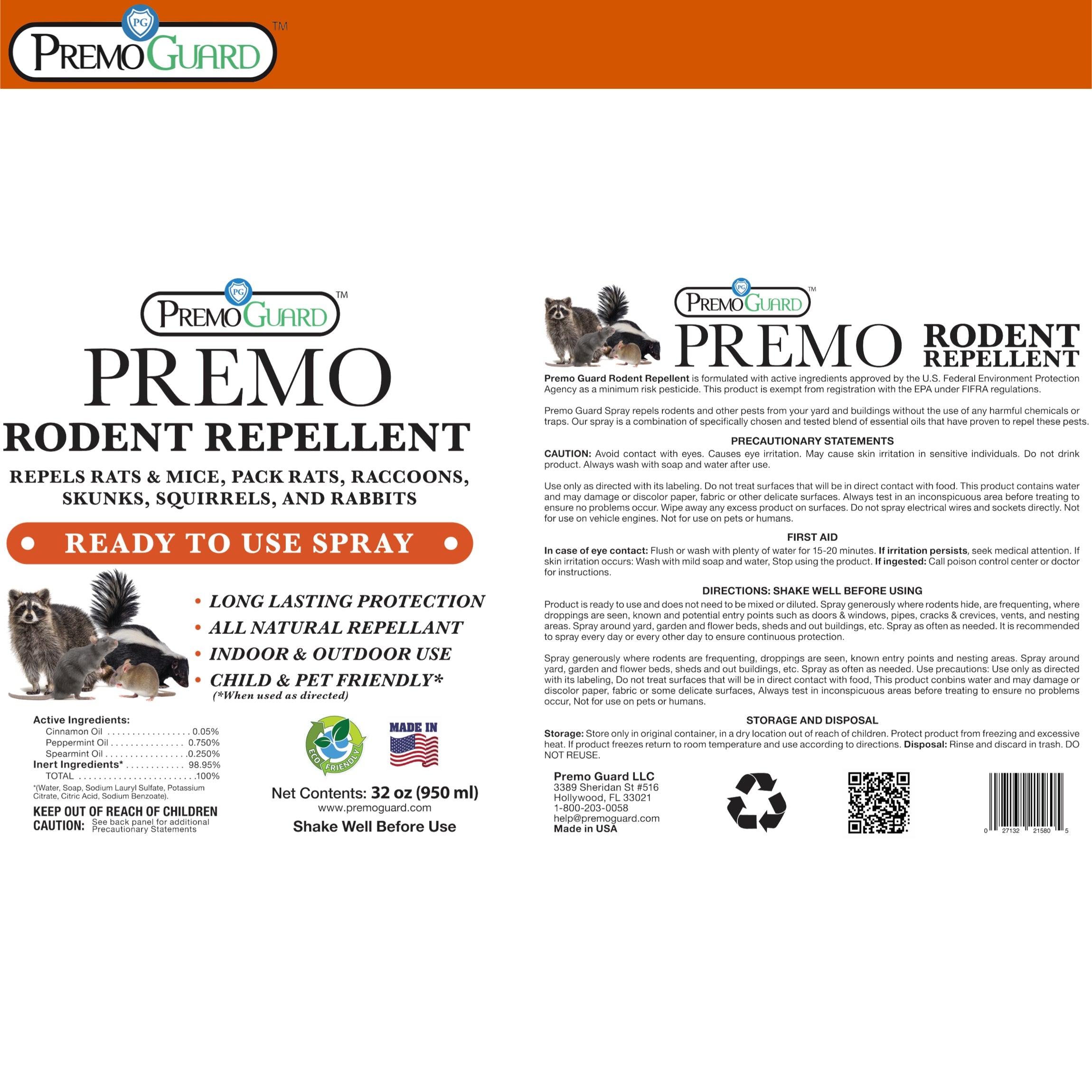 Rodent Repellent Spray - 32 oz | Plant Based Natural Non-Toxic | Premo Guard