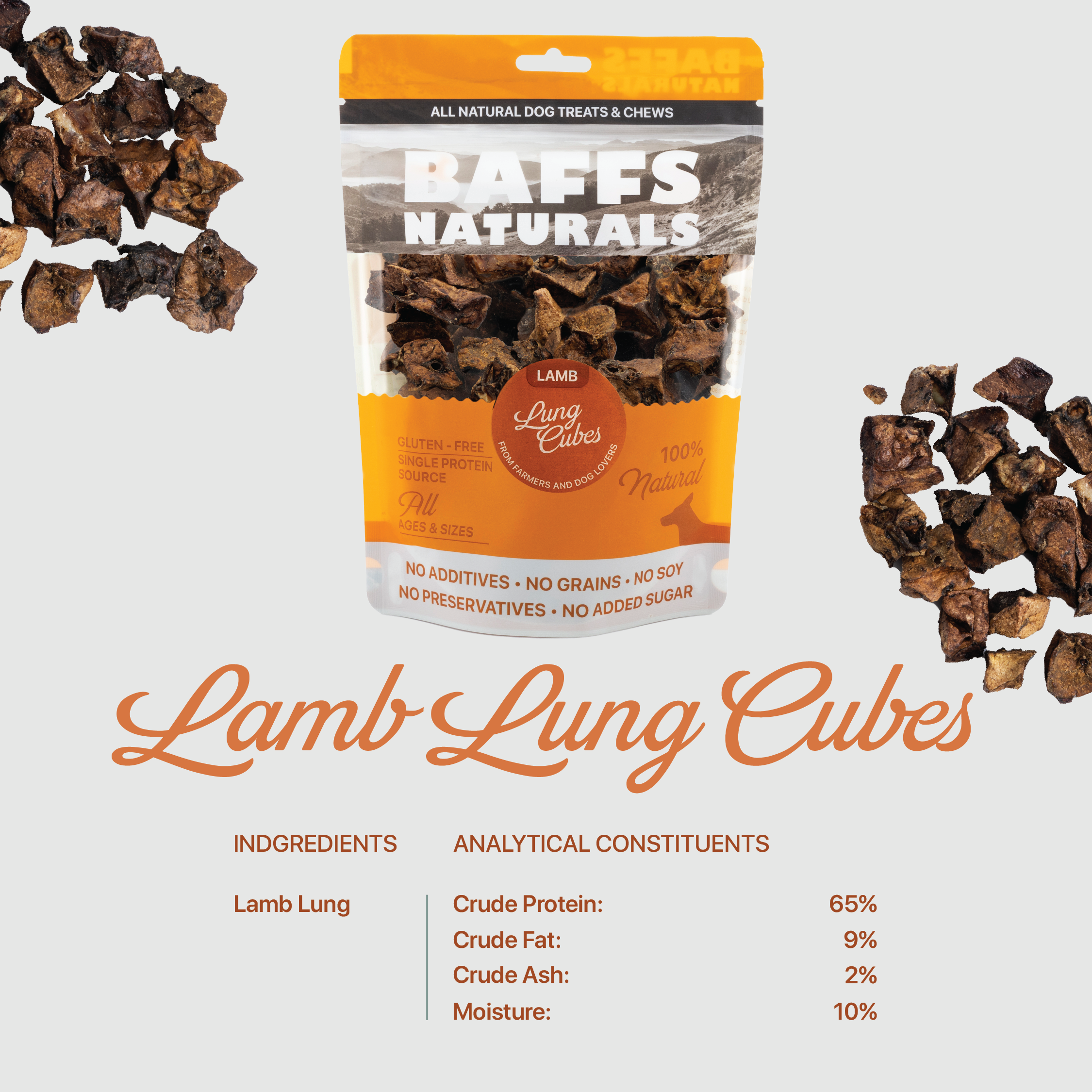 BAFFS NATURALS All-Natural Premium Lamb Lung Cubes – (7oz Bag) - BIG FRENCHIES