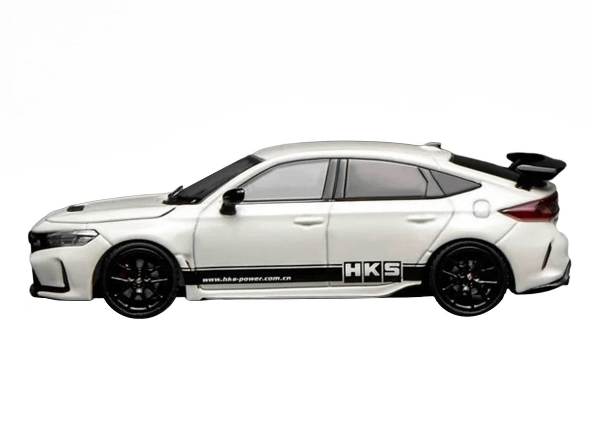 Honda Civic Type R (FL5) RHD (Right Hand Drive) "HKS" White with Black Stripes 1/64 Diecast Model Car by MotorHelix