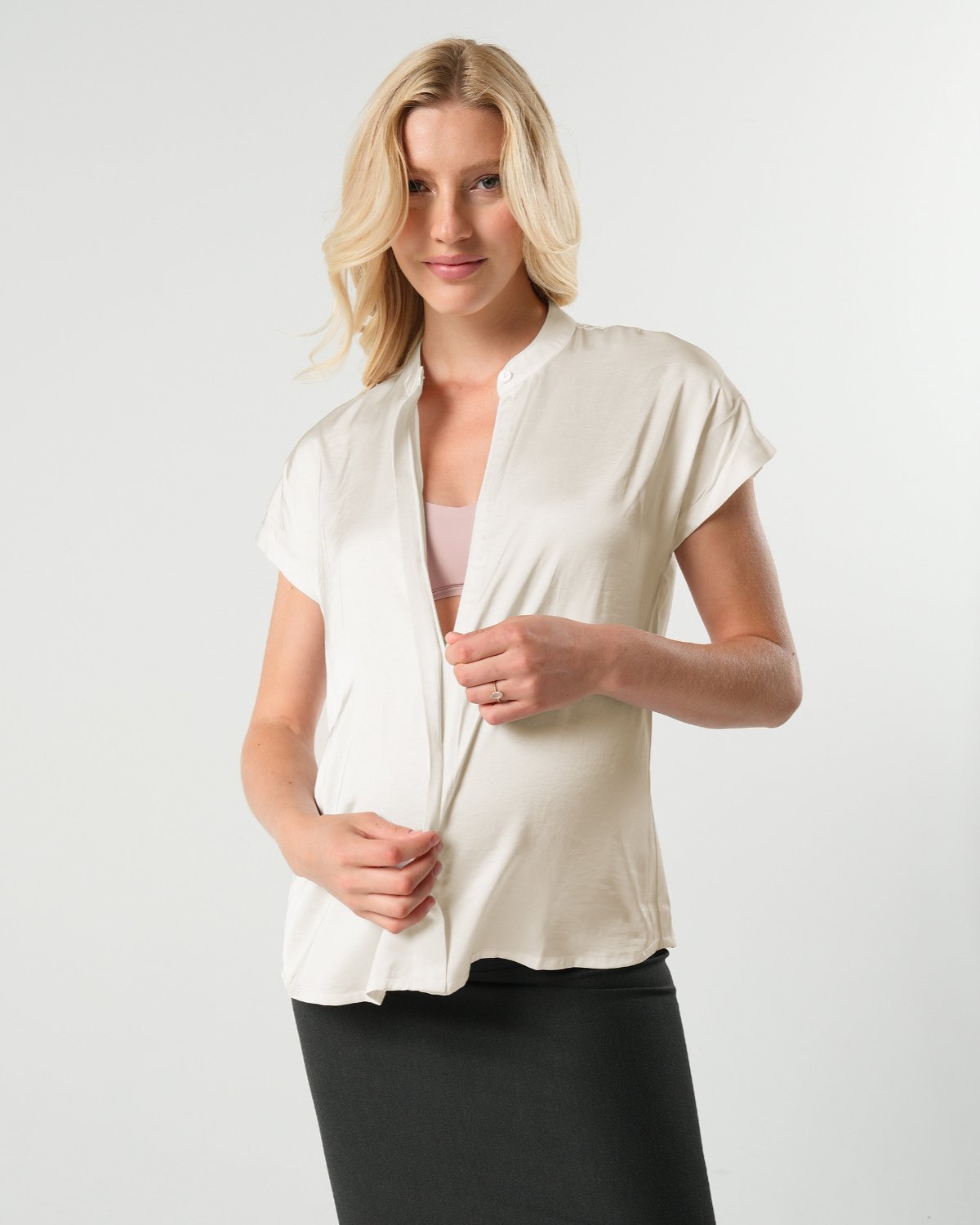 Short Sleeve Satin Maternity Shell Top with Concealed Nursing Zip - BIG FRENCHIES