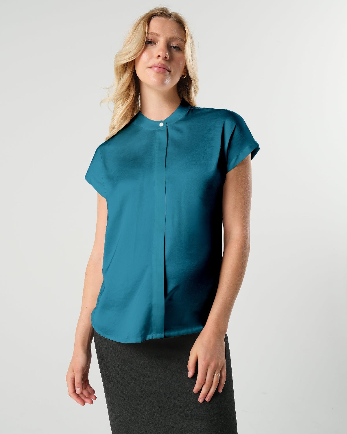 Short Sleeve Satin Maternity Shell Top with Concealed Nursing Zip - BIG FRENCHIES
