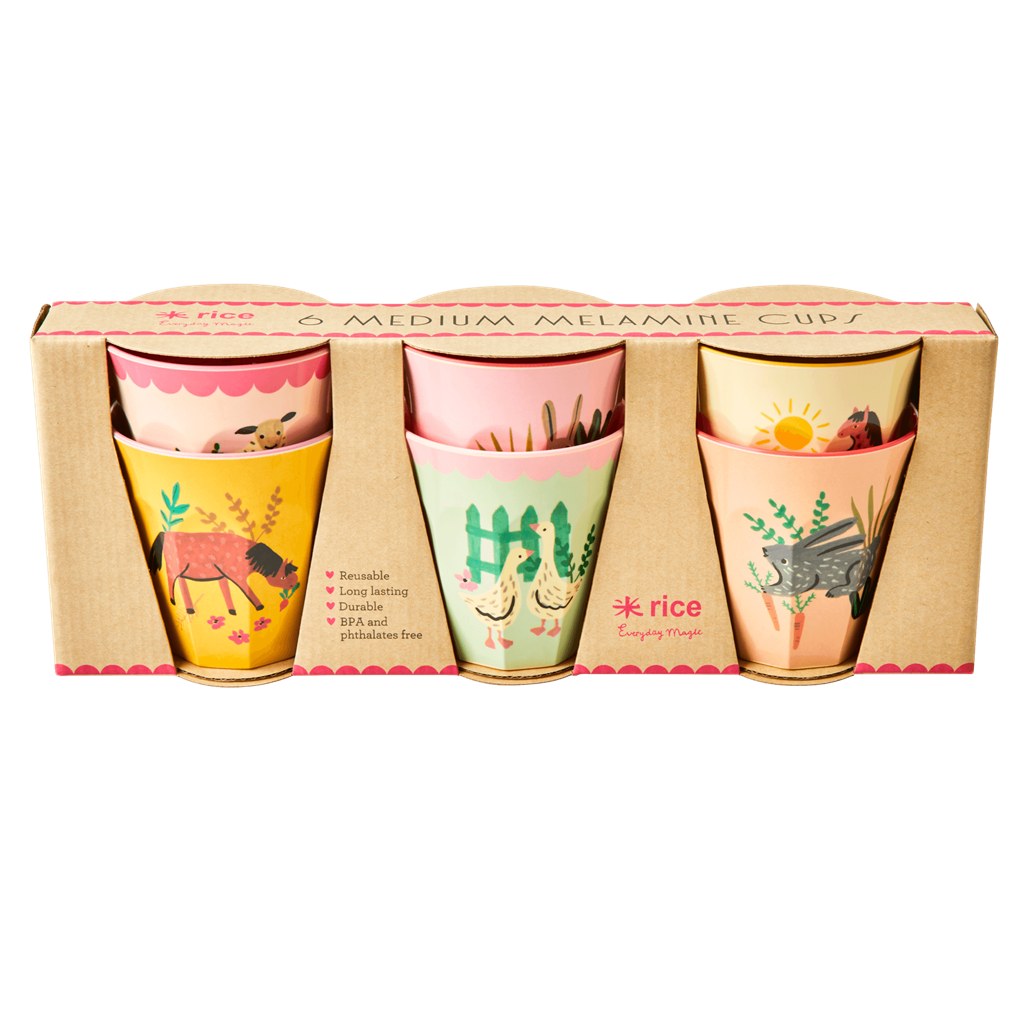 Melamine Kids Cups in Pink Farm Prints - Medium - 6 pcs. in Gift Box