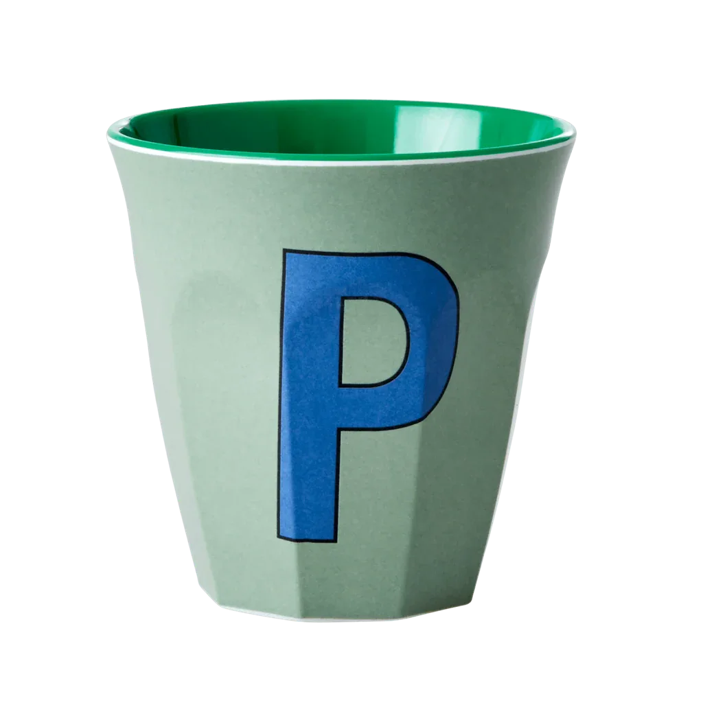 Melamine Cup - Medium with Alphabet in Bluish Colors | Letter P - BIG FRENCHIES