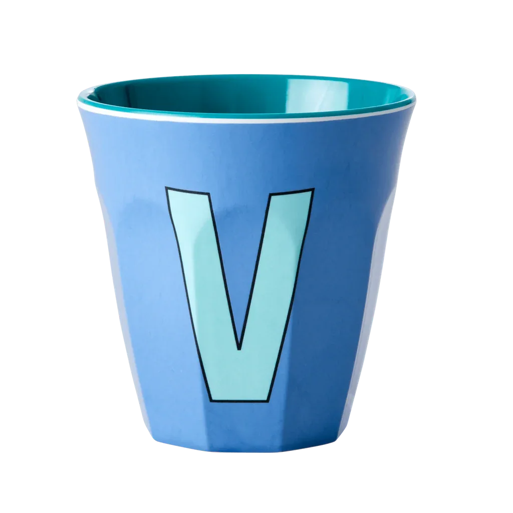 Melamine Cup - Medium with Alphabet in Bluish Colors | Letter V - BIG FRENCHIES
