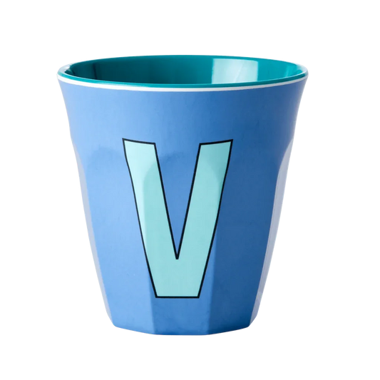 Melamine Cup - Medium with Alphabet in Bluish Colors | Letter V - BIG FRENCHIES
