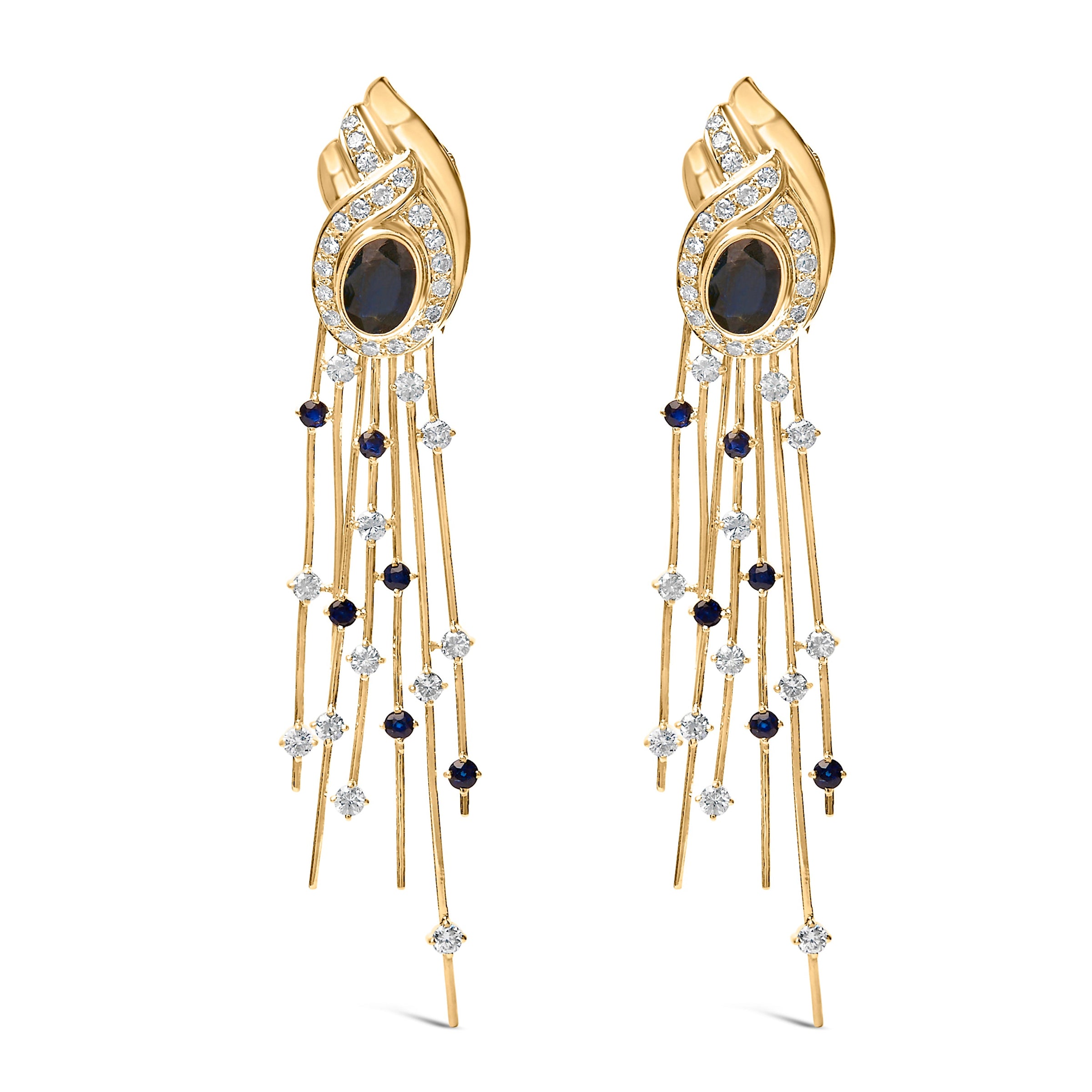 14K Yellow Gold 1.0 Cttw Diamond and Blue Sapphire Chandelier Earrings