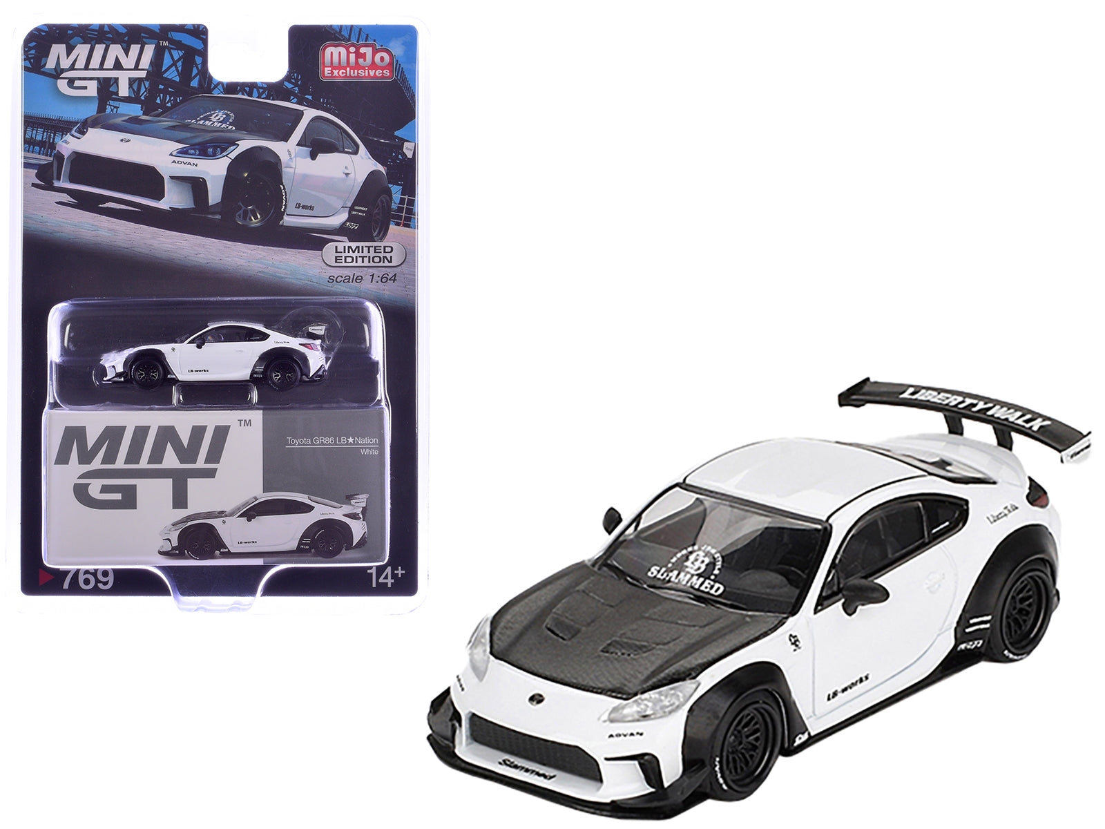 Toyota GR86 "LB-Nation - Liberty Walk" White with Carbon Hood Limited Edition 1/64 Diecast Model Car by Mini GT