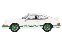 Porsche 911 Carrera RS 2.7 Grand Prix White with Green Stripes and Wheels Limited Edition 1/64 Diecast Model Car by Mini GT