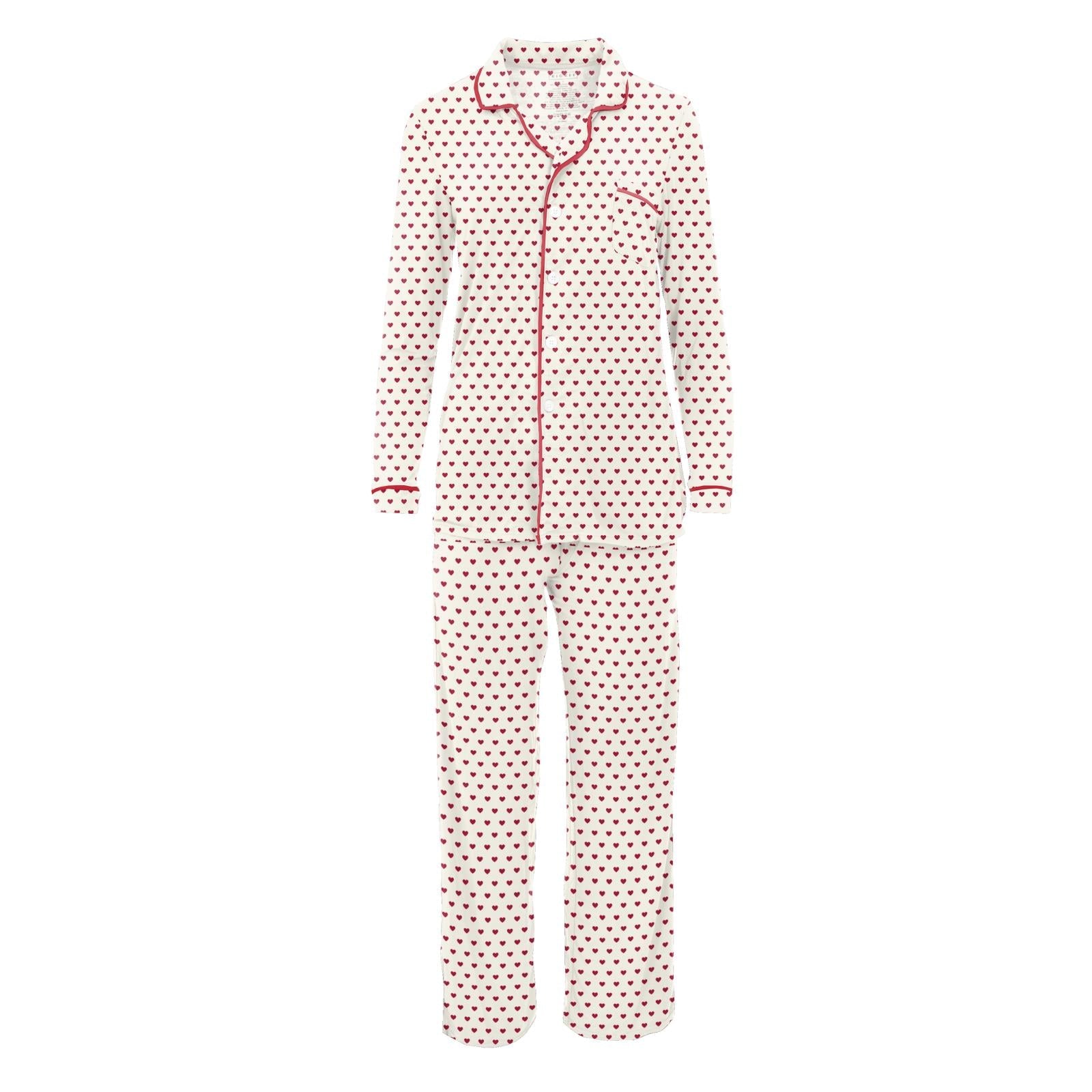 Women's Print Long Sleeve Collared Pajama Set in Natural Hearts