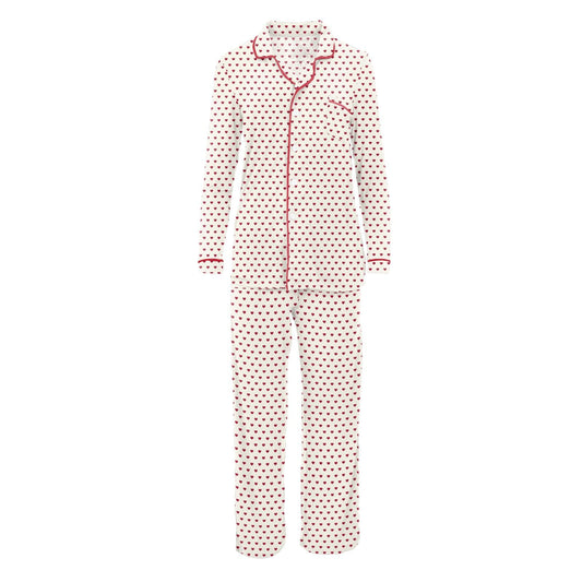 Women's Print Long Sleeve Collared Pajama Set in Natural Hearts