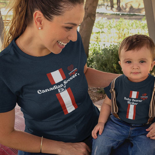 Canadian Soccer, Eh? Baby Beaver Striker Mom and Child Organic Cotton T-Shirts family Set (Set of 2)
