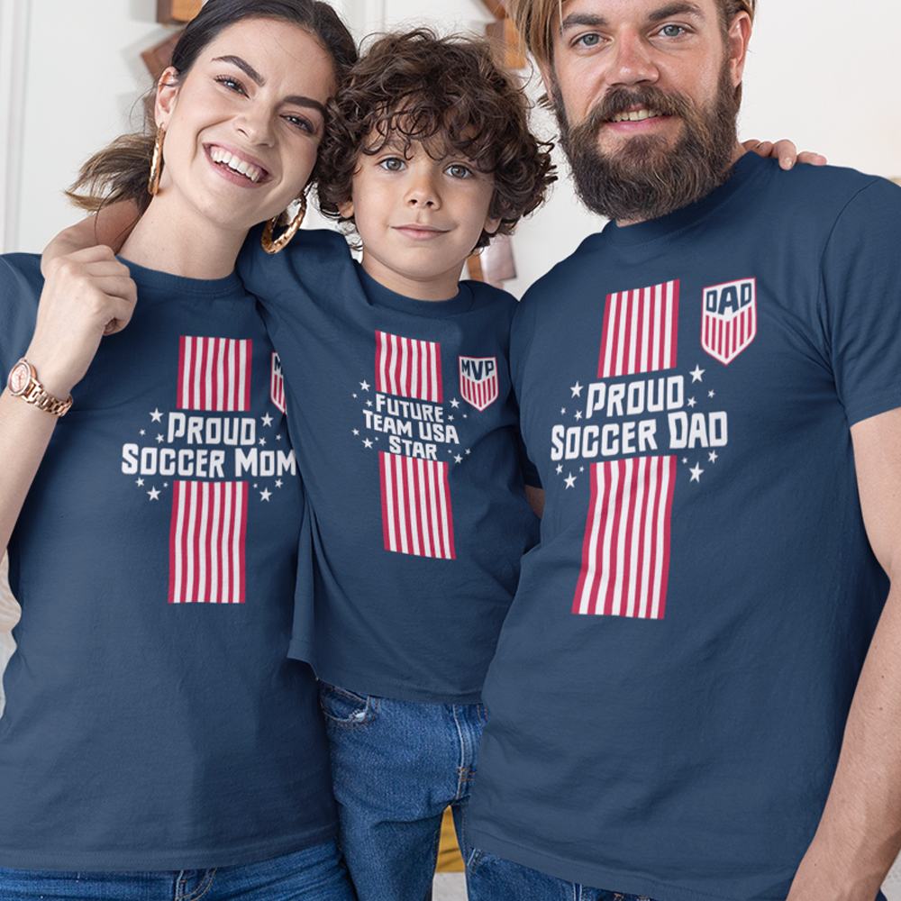 Proud Soccer Dad, Proud Soccer Mom, Future Team USA Star Dad Mom and Kid Matching Organic Cotton T-Shirts Family Set (Set of 3)