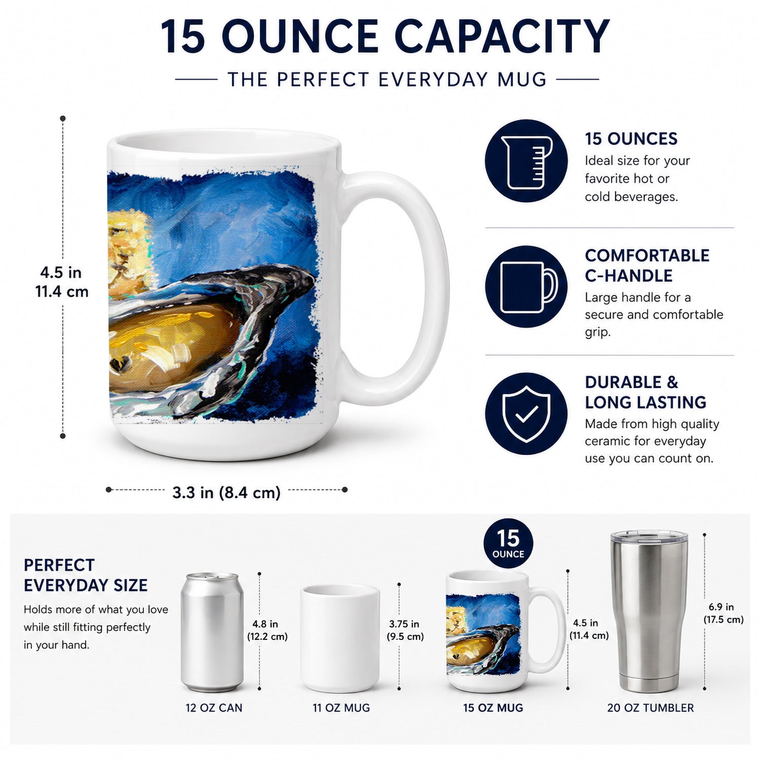 Oysters Two Crackers Ceramic Coffee Mug 15 oz Decorative Large C Handle Mug Cup for Tea, Cocoa Hot Chocolate