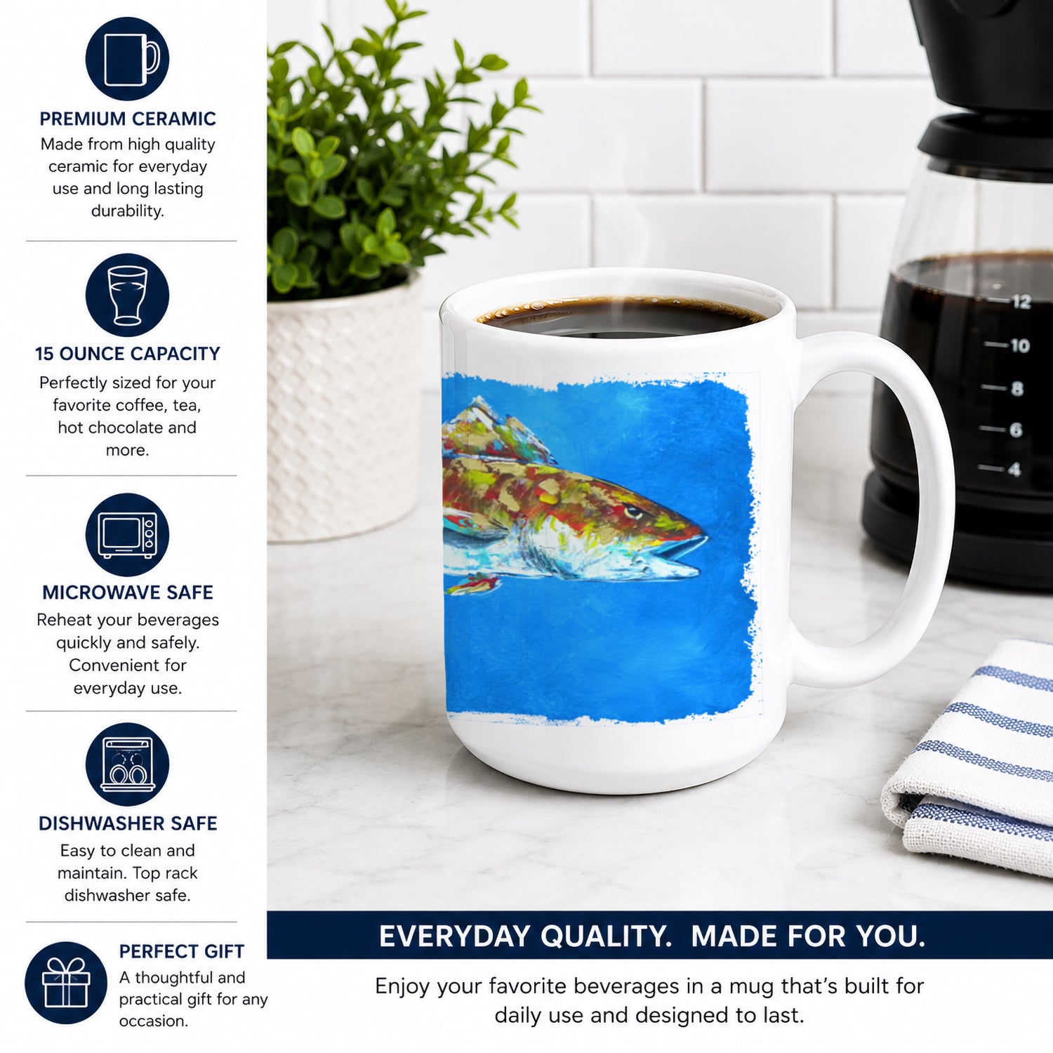 Fish - Red Fish Seafood Two Ceramic Coffee Mug 15 oz Decorative Large C Handle Mug Cup for Tea, Cocoa Hot Chocolate