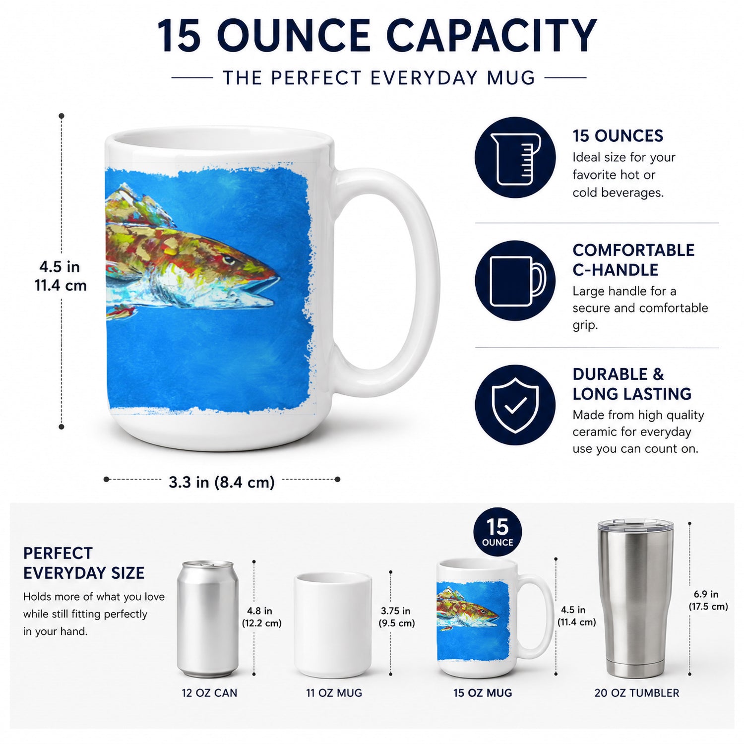 Fish - Red Fish Seafood Two Ceramic Coffee Mug 15 oz Decorative Large C Handle Mug Cup for Tea, Cocoa Hot Chocolate