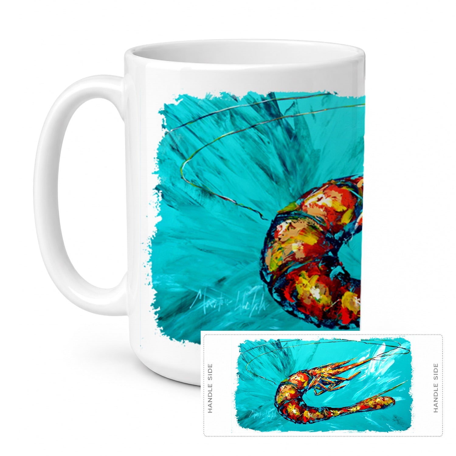 Shrimp Teal Shrimp Ceramic Coffee Mug 15 oz Decorative Large C Handle Mug Cup for Tea, Cocoa Hot Chocolate