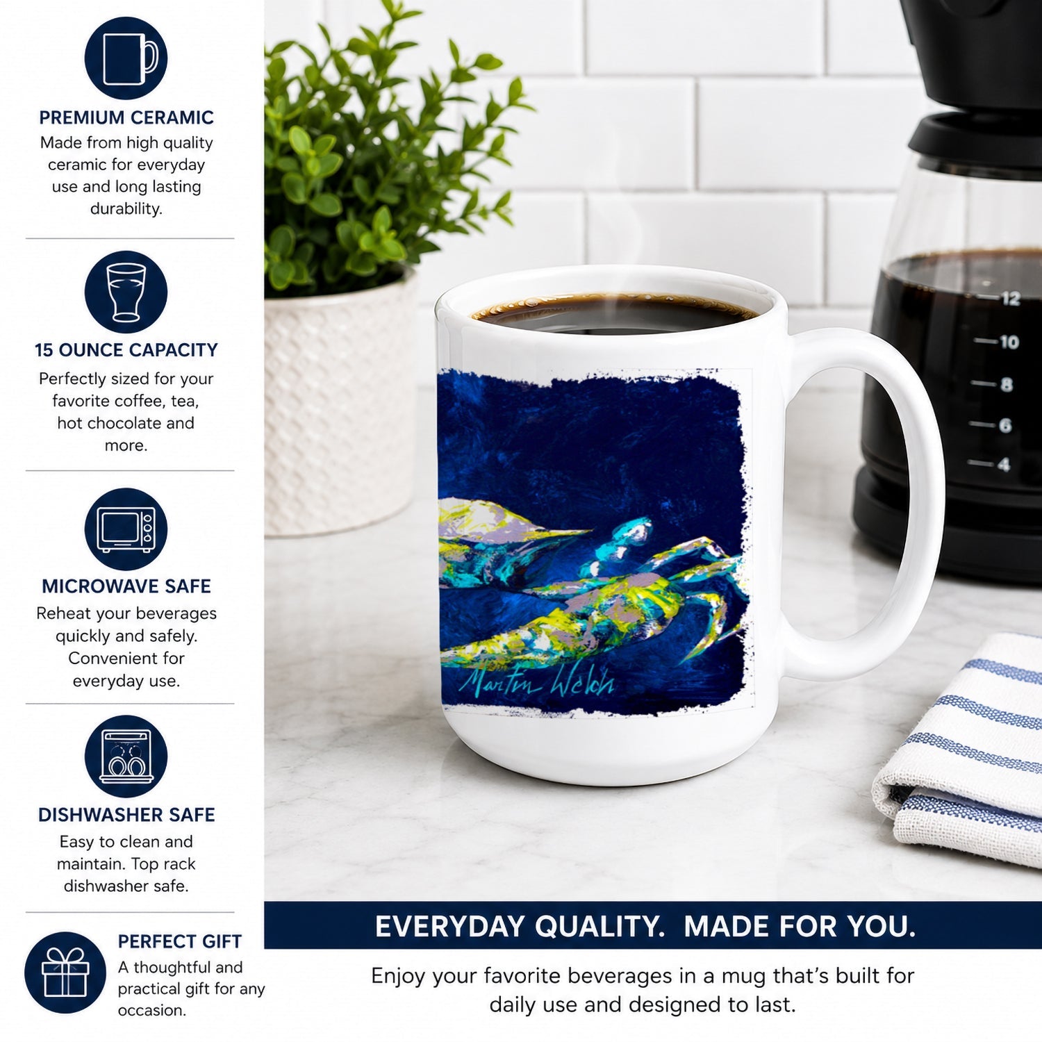 Crab Blue Ceramic Coffee Mug 15 oz Decorative Large C Handle Mug Cup for Tea, Cocoa Hot Chocolate